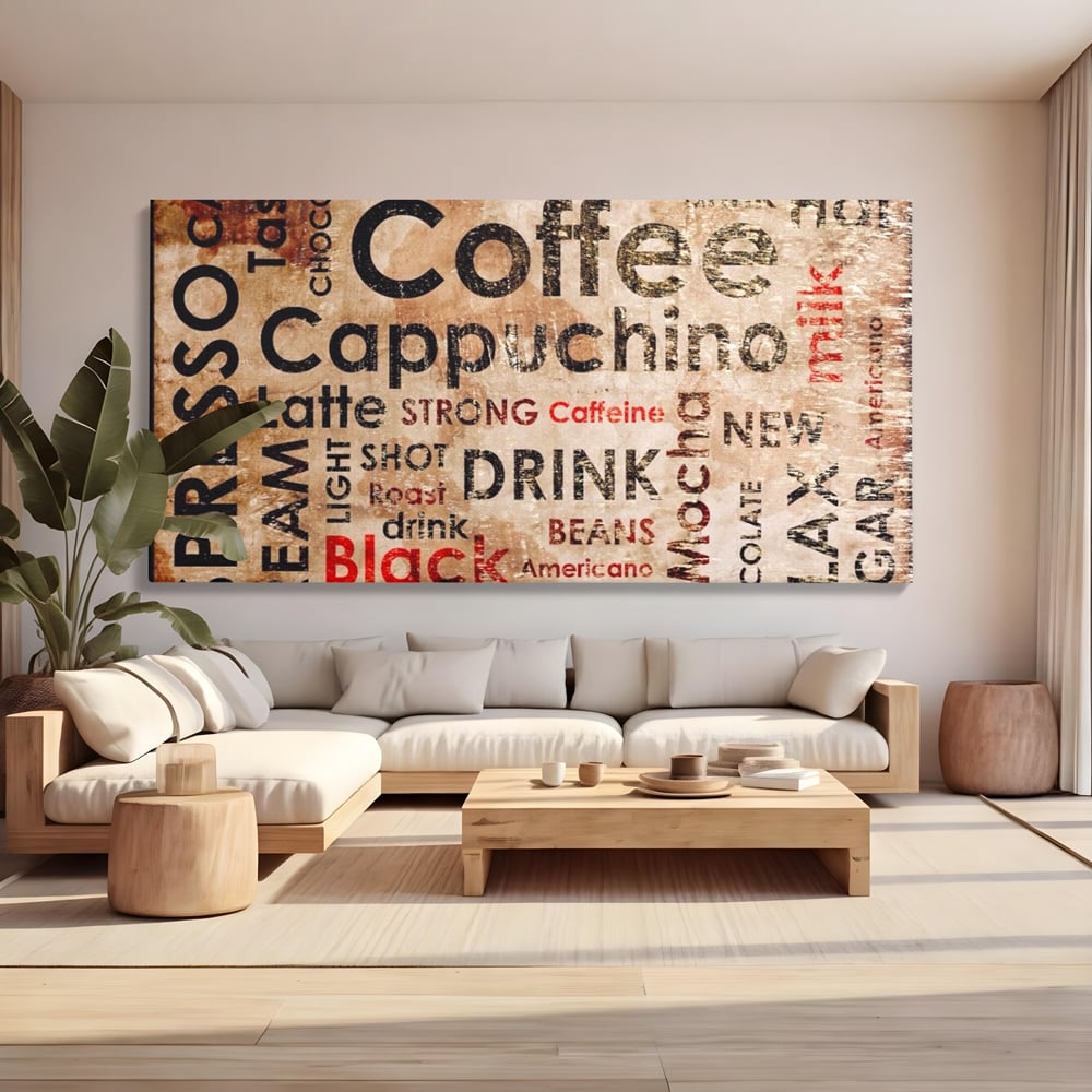 Tablou canvas cu tablou canvas tipografie cafea, fara rama, pe sasiu de lemn, pe perete intr-un living